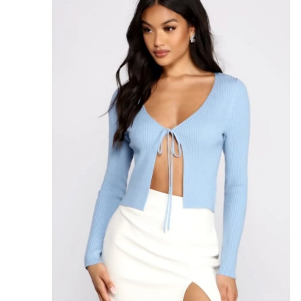 New ASOS FLOUNCE LONDON Cropped Ribbed Knit Tie-Front Cardigan LS Light Blue 4